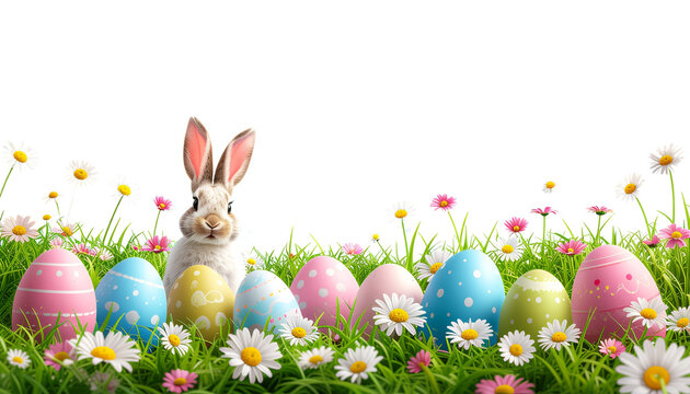 Easter bunny behind colorful eggs in grass with flowers and a white sky above the scene transparent background and plain white background