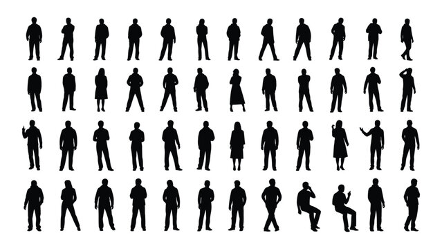 Various silhouettes of people in different poses isolated on white background, Vector