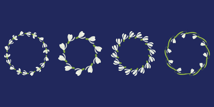 Snowdrop Wreath, Early Spring Floral Frame. Snowdrop Circle, Delicate Bulb Flower Wreath for Cards. Hand drawn Snowdrop Border, Garden Botanical Ring