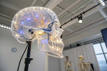 Transparent artificial skull with glowing neural pathways, floating in clean studio environment