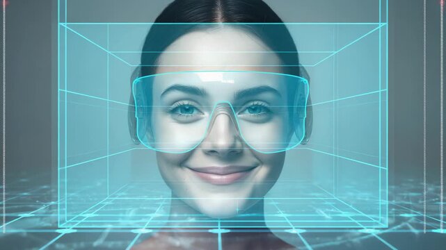 Glowing visor causing female model closing eyes, engaging AR overlay in studio, wireframe aligning
