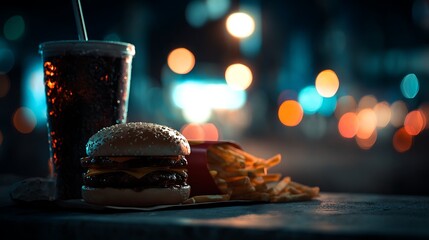 Obraz premium A close-up of fast food on a table at night with blurred street lights in the background
