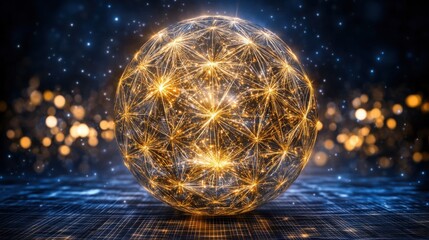 A luminous sphere with a geometric network pattern of glowing interconnected lines and nodes against a dark background with scattered lights