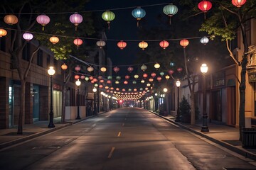 A nighttime street decorated with colorful paper lanterns and glowing streetlights