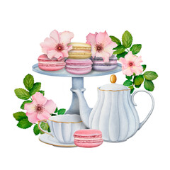 Sweet Pastel Macarons with Blooming Pink Flowers and Teacup