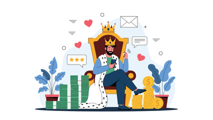 Wealthy king sitting on a golden throne with piles of money and hearts while using a smartphone to manage his digital kingdom.