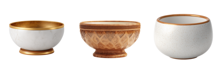 Three decorative bowls white marble gold trim ornate wood and speckled ceramic isolated on a transparent background