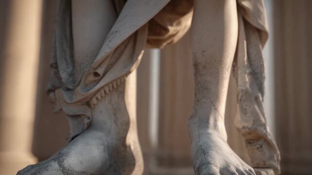 Pulling back camera revealing marble statue lower legs at gallery, exposing drapery and pedestal