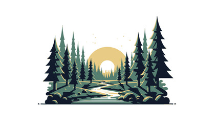 Stylized forest landscape illustration with trees river and sunset on white