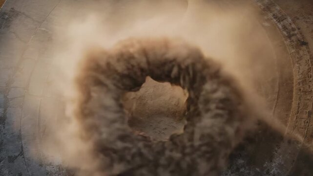 Forming ring-shaped dust vortex, aperture burst lifting debris and billowing halo inside shaft