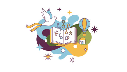 Naklejka premium Abstract illustration of book with dove and air balloon education concept