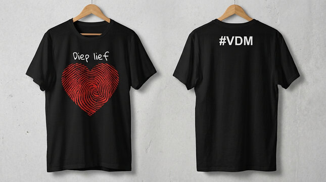 Black T- Shirt with Red Fingerprint Heart and Hashtag VDM Design Keywords: t-shirt, black t-shirt, clothing, apparel, fashion, design, graphic, print, heart