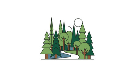 Stylized forest illustration with trees path and sun nature concept