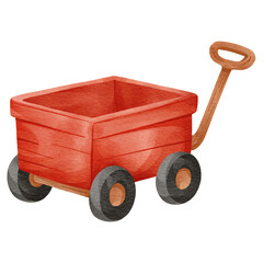Adorable red wooden wagon watercolor illustration with black wheels and a handle. Hand-painted vintage toy cart for children's play and garden themes. © Pompom