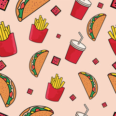 Taco and drinks Mexican food seamless pattern for packaging.