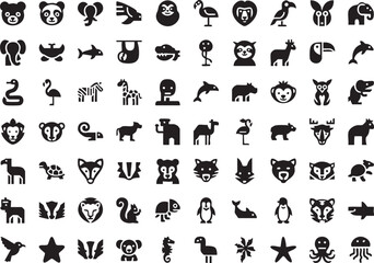 Fototapeta premium Animal Icons Collection in Simple Flat Design with Black Color on White Background for Graphic Design