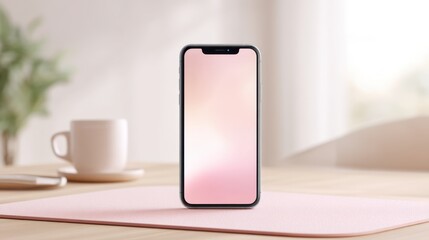 Phone is sitting on a pink mat on a table. Valentine's day.