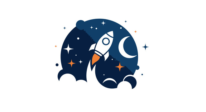 Rocket launching through space with stars and moon decorative illustration