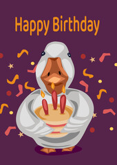 Birthday greeting card with funny goose holding a cake with candles. Cute vector illustration for greeting cards, posters, party invitations, kids birthday designs and festive celebrations.