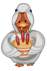 Cute funny goose holding a birthday cake with candles. Vector cartoon character for stickers, merchandise, branding, social media graphics, kids products and playful birthday designs.