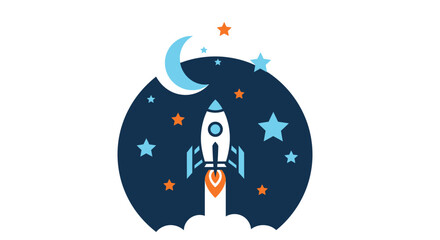 Cartoon rocket ship launching into space with stars and moon illustration