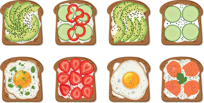 Vector illustration set featuring eight diverse gourmet toasts with avocado egg salmon and strawberry for healthy cafe menus