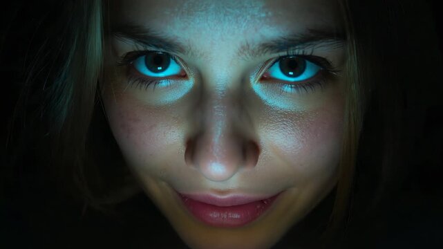 Lifting adult female gaze toward camera in dim bedroom, responding to smartphone screen glow below
