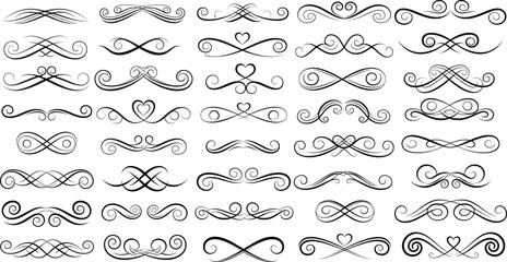 Decorative swirl and flourish ornaments vector set with elegant calligraphic dividers and vintage scroll elements isolated on white background