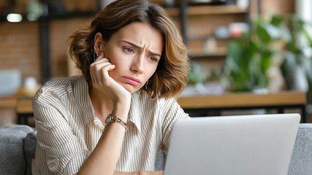 Daydreaming Amidst Digital Streams: A woman, lost in thought, gazes pensively at the laptop screen, her expression hinting at a sense of uncertainty or contemplation. 