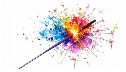 Naklejka premium Colorful Sparkler Emitting Multicolored Bursts of Light with Central Yellow-Orange Glow