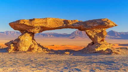 Fototapeta premium A natural sandstone arch formation frames a vast desert landscape with distant mountains under a clear blue sky