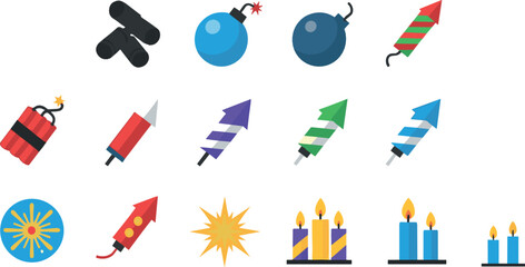 Fireworks and celebration icon set with rockets, bombs, candles, party explosives, festive pyrotechnics symbols, and colorful holiday vector illustrations © Sanjida