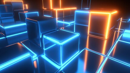 A mesmerizing display of interconnected glowing geometric cubes illuminated with vibrant blue and orange neon light creating an abstract futuristic digital network pattern