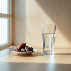 Simple iftar table with dates and water glass