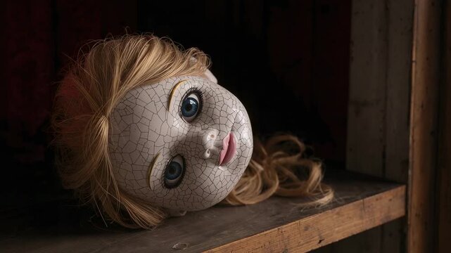 Tilting porcelain doll head, camera shifting light in dark cabinet, showing crazed glaze, blue eyes