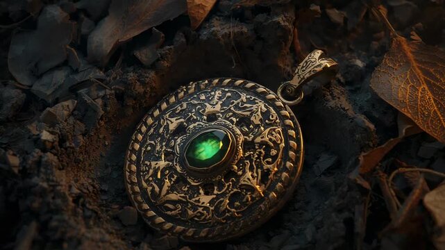 Moving camera bringing ornate pendant forward on leaf litter, emphasizing braided rim and green gem