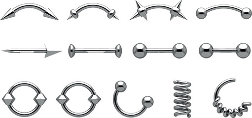 Body piercing jewelry set stainless steel barbell ring spike curved bar vector illustration