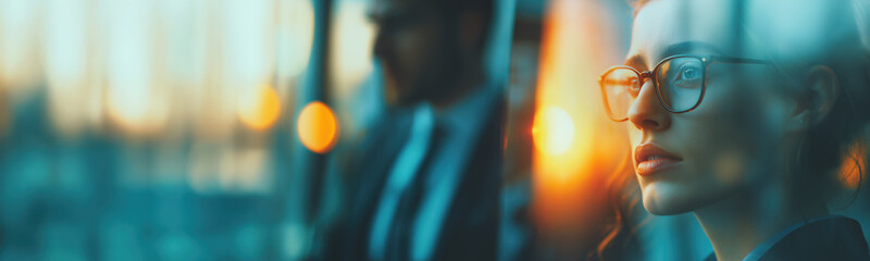 Focused visionary female leader wearing eyewear beside a reflection in golden sunlight, showing determination, corporate header