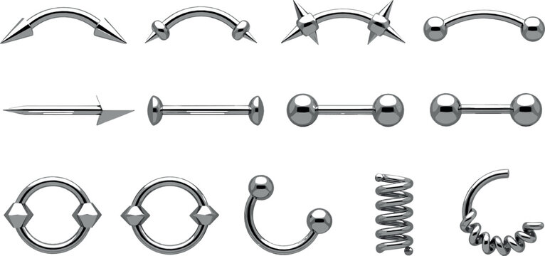 Body piercing jewelry set stainless steel barbell ring spike curved bar vector illustration