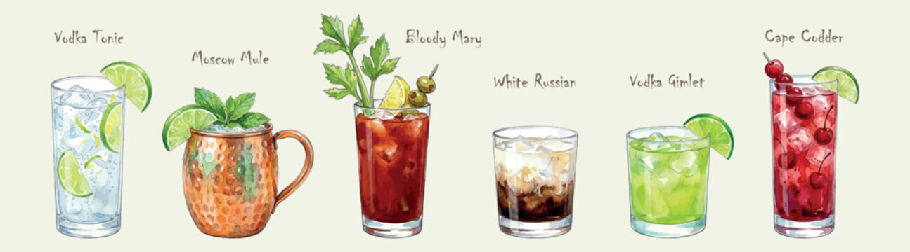 Watercolor festive vodka cocktail set, isolated vectors on light background. Vodka tonic, moscow mule, bloody mary, white russian, vodka gimlet, cape codder.