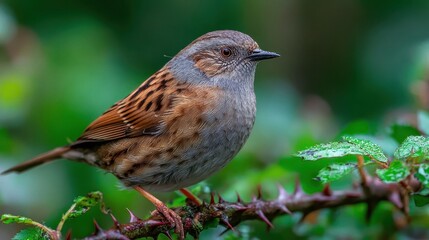 Obraz premium Bird perched on thorny branch surrounded by green foliage during a bright day in a natural setting