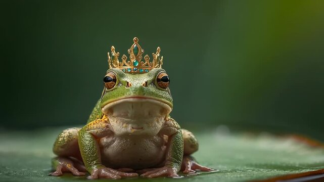 Zooming camera moving toward green tree frog on lily pad, focusing on golden crown and face