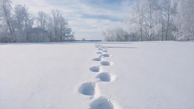 Pushing camera showing single print track approaching horizon in snowfield Topaz Labs watermark