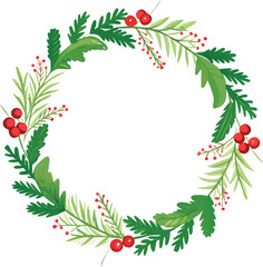 a circular wreath of evergreen branches and red berries with holiday text