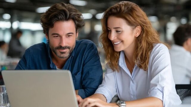 Focused Collaboration: Two individuals engage in focused teamwork, a shared gaze toward a laptop screen, fostering mutual understanding. 