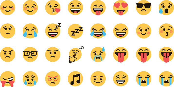Emoji faces icons set with happy sad laughing crying angry love sleepy and silly facial expressions yellow emoticons flat vector illustration