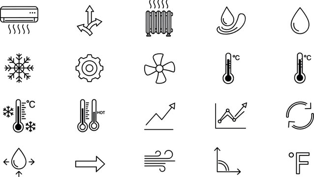 Climate control line icon set with air conditioner heating cooling temperature humidity ventilation arrows and weather symbols black outline vector