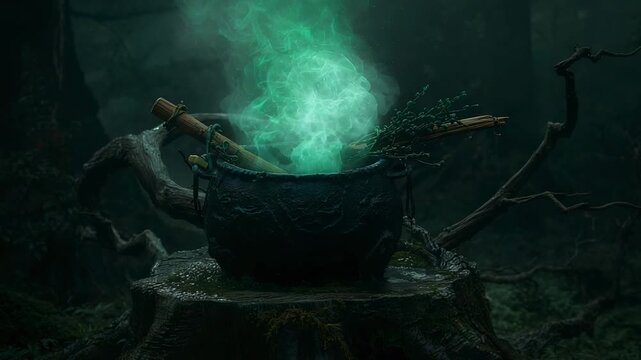 Brewing ornate cauldron releasing glowing green vapor at mossy forest stump, with herbs and rod