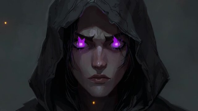 Pulsing hooded figure purple eye glow over frames embers rising on gray set Topaz Labs watermark