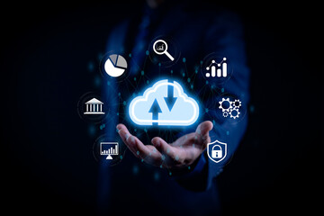 Cloud computing technology concept with data upload and download icons, digital network connection, cybersecurity, data analytics, business cloud services and modern IT infrastructure.